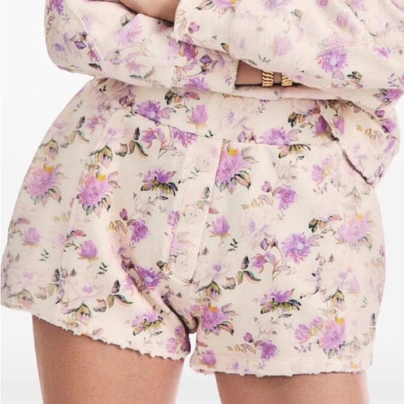 LoveShackFancy Renato Floral Print Shorts M Cotton Jersey Ultra Violet Clouds